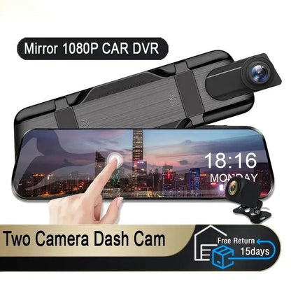 Car rearview mirror camera with 9.88 inch touch screen, 1080p recording, WiFi and motion detection, 34cm x 12cm x 6cm