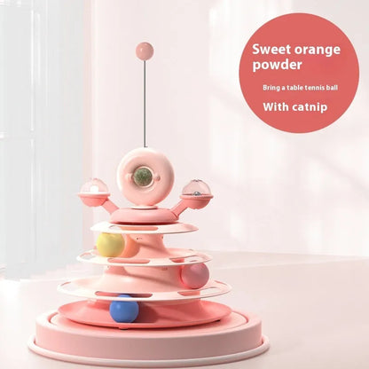 Four-level cat toy turntable tower with roller balls and 360-degree top ball in PP