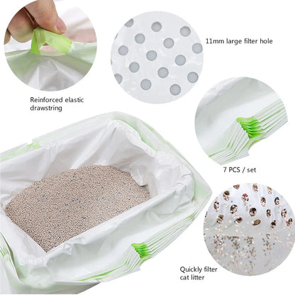 Pack of 7 thick plastic sifting cat litter liner bags, sizes 79x45.7cm S and 94x45.7cm L for trays