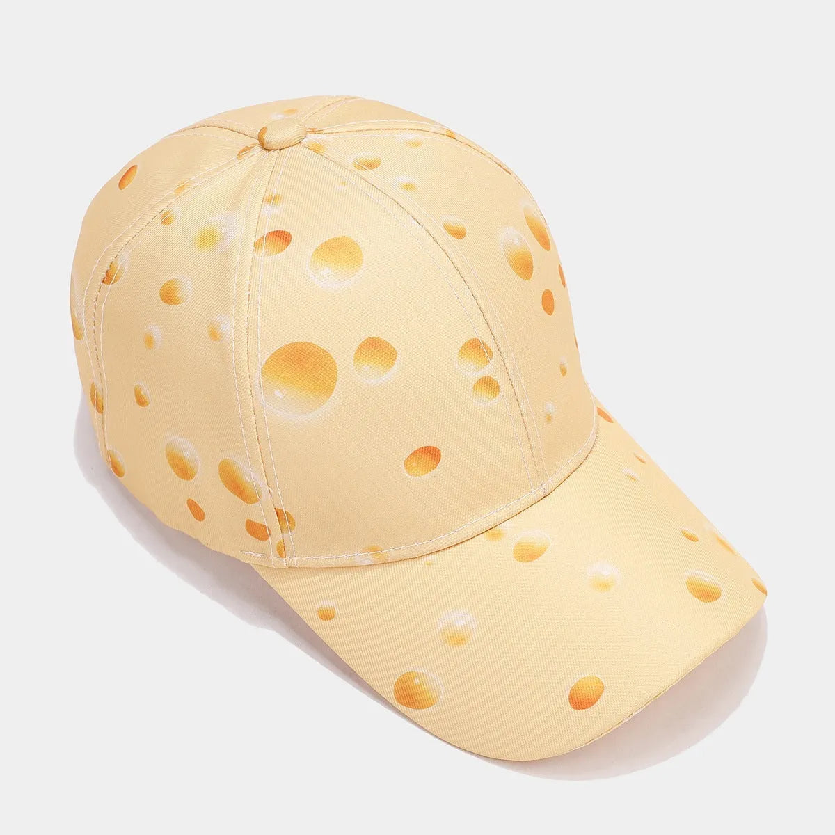 Cheese pattern printed adjustable baseball cap with dome crown and polyester construction