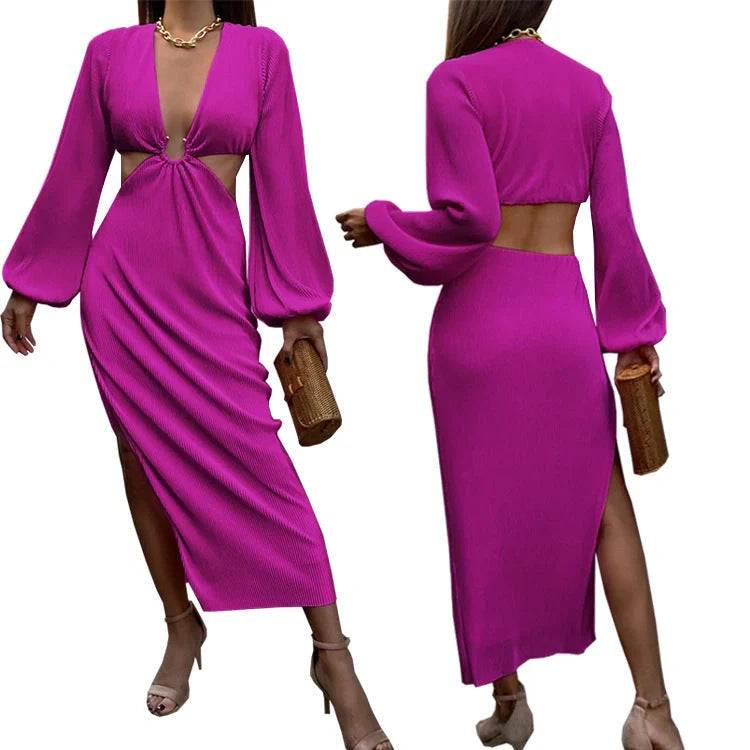 Stylish autumn waistless pleated dress for women in yellow, black, and dark pink
