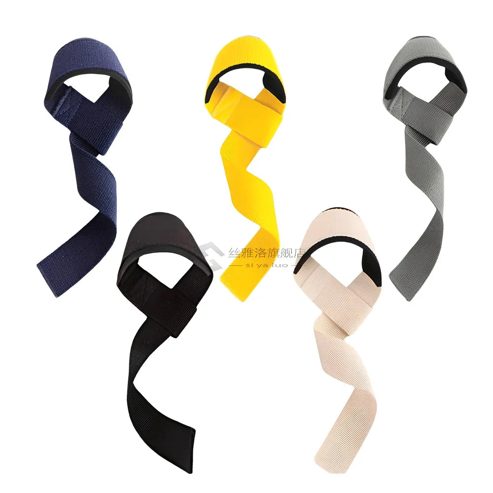 Pair of grey weightlifting straps with metal buckles showing 45cm length and 5cm width dimensions