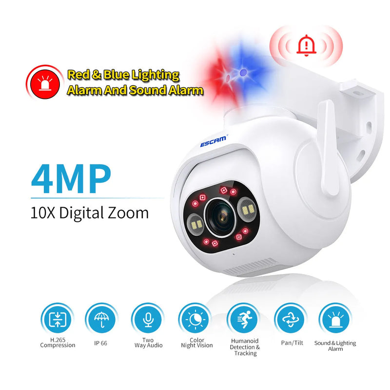 Smart colour night vision camera with H265 compression, 4MP resolution, digital zoom, and IP66 waterproof rating for indoor and outdoor security monitoring, including voice intercom, light and sound alarms, and app push notifications