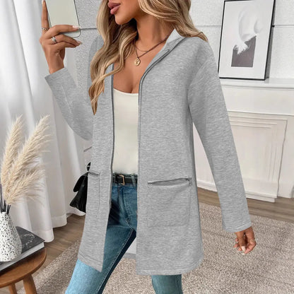 A grey women's loose-fit mid-length cardigan coat with pockets in a casual style.