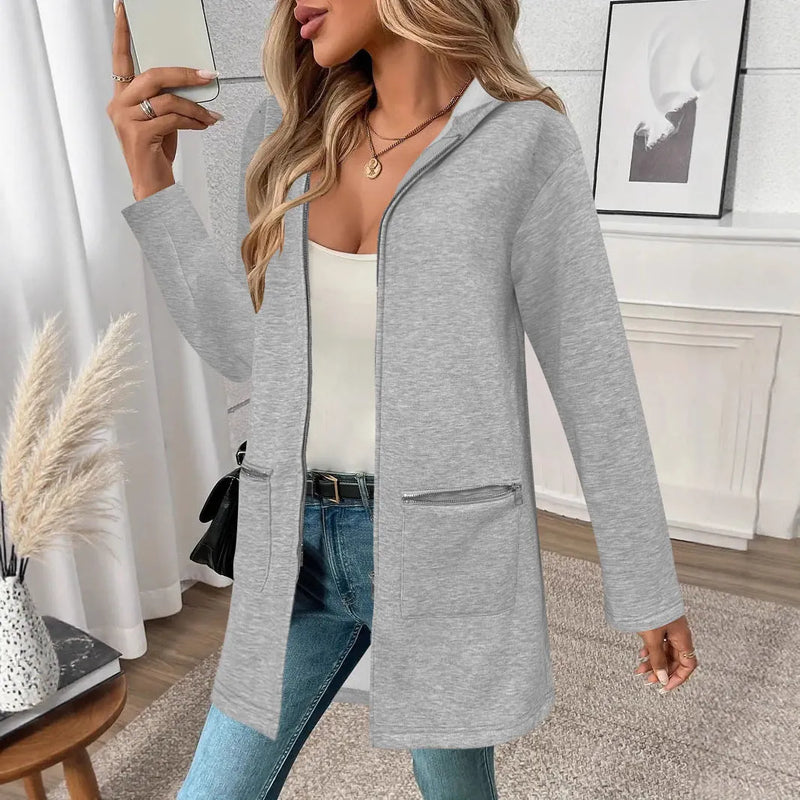 Women's mid-length cardigan coat in a loose casual style, featuring a Japanese and Korean design aesthetic with a regular sleeve cut and practical pocket detailing, available in grey, black, and khaki colour options