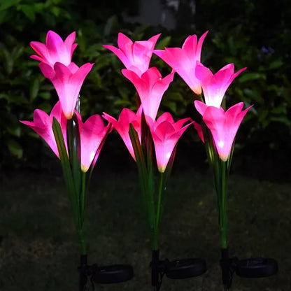 Colourful solar-powered LED lawn lamp in a flower shape for garden decoration.