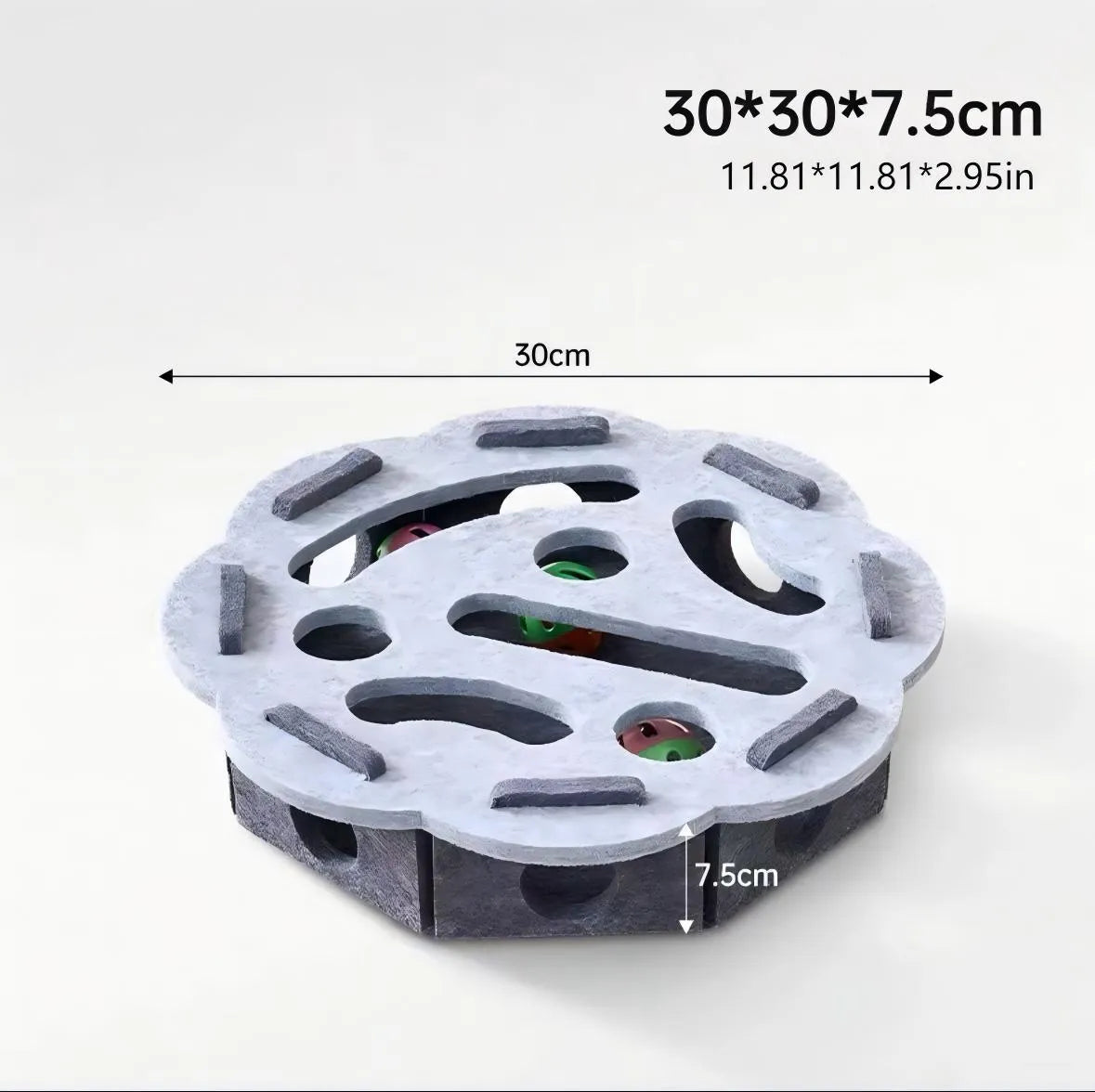 Interactive felt cat puzzle toy with maze tunnel, pathways, and bell ball, available in Circle or Square shape and four colours.