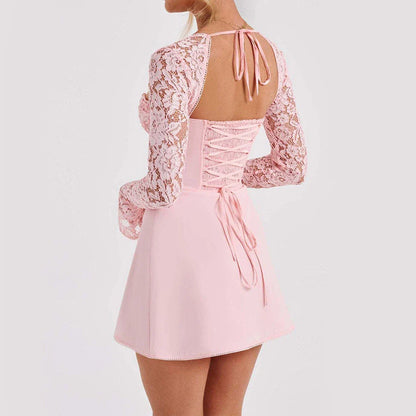 Lace-trimmed backless dress with long sleeves in a variety of colors for women