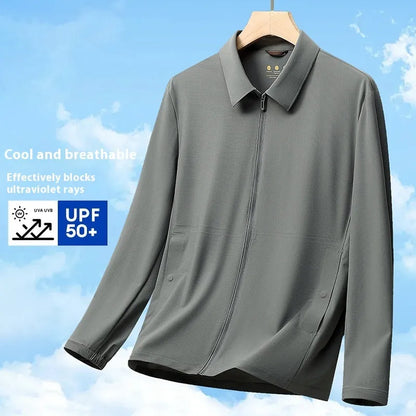 Navy blue summer business shirt with lapels made from ice silk fabric, shown on a hanger.