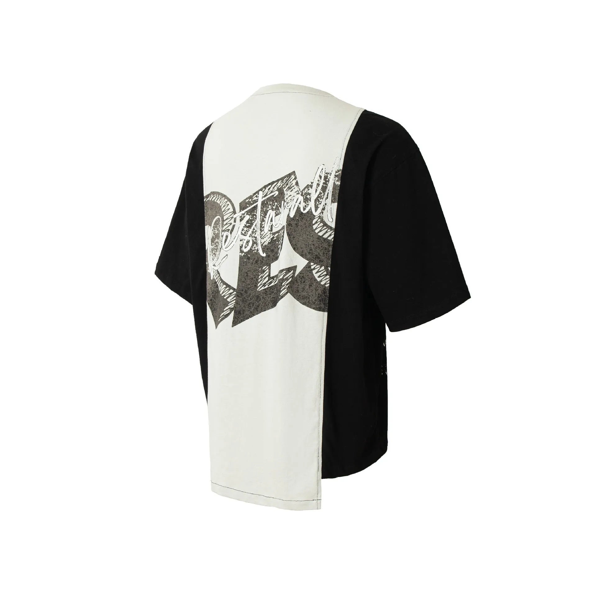 Black and white deconstruction print on a loose fit cotton blend t-shirt for streetwear.
