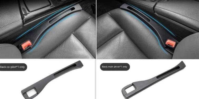 Black car seat gap storage box organiser with compartments and carrying handle between vehicle seats