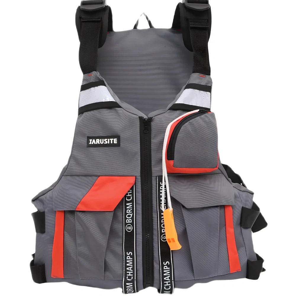Grey-red Oxford cloth swim vest with adjustable side straps for fishing and water safety