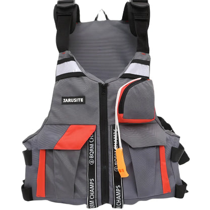 Grey-red Oxford cloth swim vest with adjustable side straps for fishing and water safety