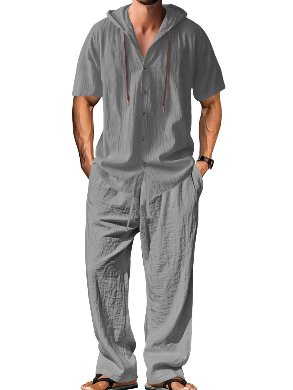 Men's white cotton sports leisure suit with long sleeves and matching trousers shown as complete two-piece set