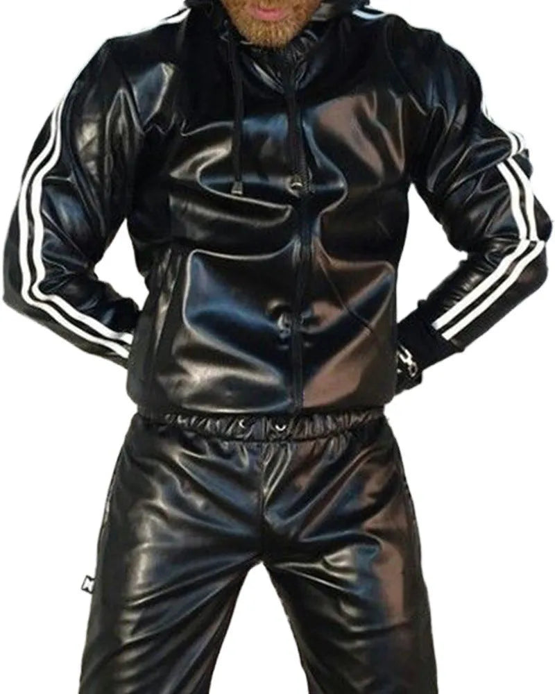 Black hooded sports jacket and matching trousers set for men in PU leather fabric