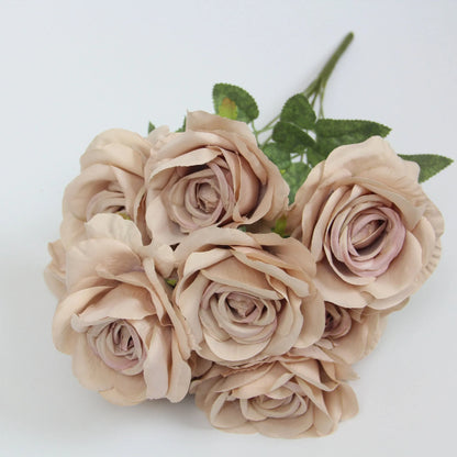 Artificial silk rose flower bouquet with ten rose heads, 53cm tall, in brown colour option.