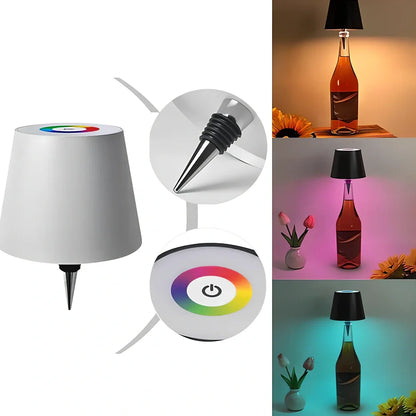 Wireless LED desk lamp in black tricolour finish, bottle-shaped with detachable base and touch control for 2000mAh powered lighting