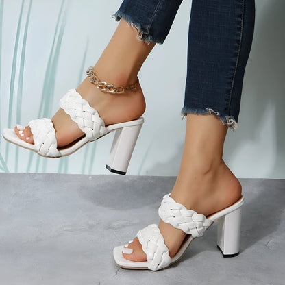 Square toe flip-flops with woven twisted straps and chunky heel in apricot colour