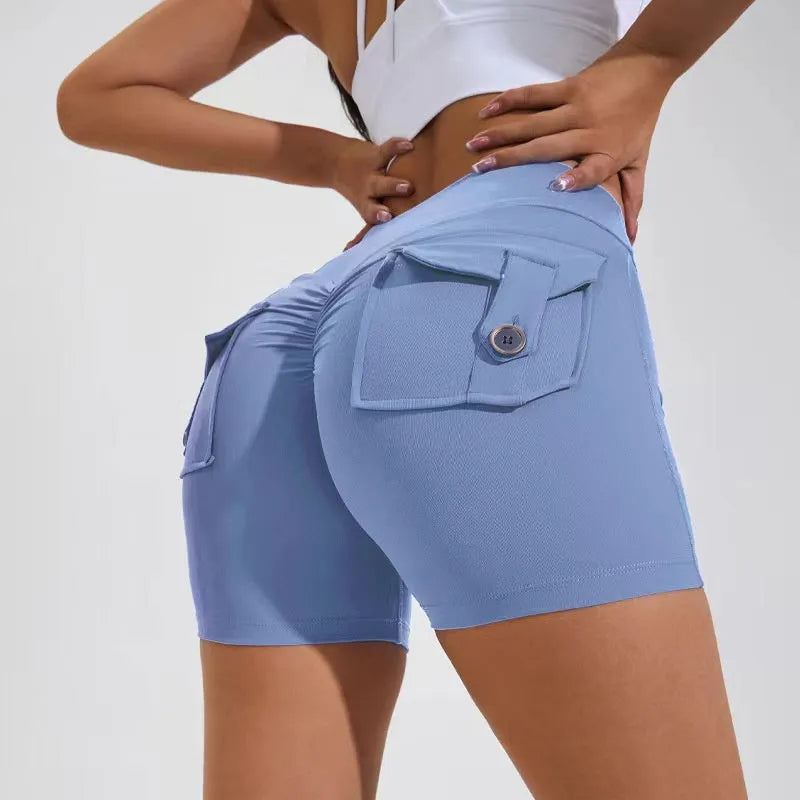 Women's high-waist quick-dry fitness shorts with side pockets in avocado green colour