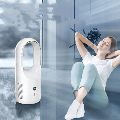 Ultra-quiet bladeless fan with adjustable settings, 360-degree air circulation, and rechargeable battery for desk or home use