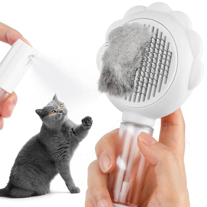 Spray cat brush with grey handle, stainless steel pins, and water spray function for grooming pets