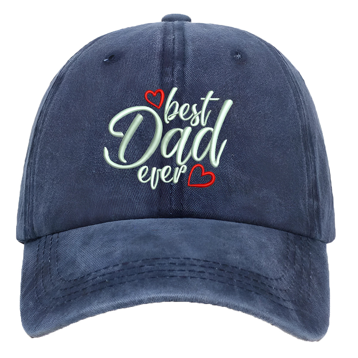Washed cotton baseball cap with embroidered letters on dome crown, shown in adjustable fit.