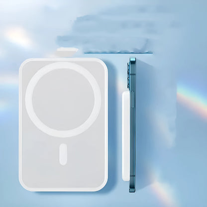 White magnetic wireless charging power bank showing compact size and creative design.