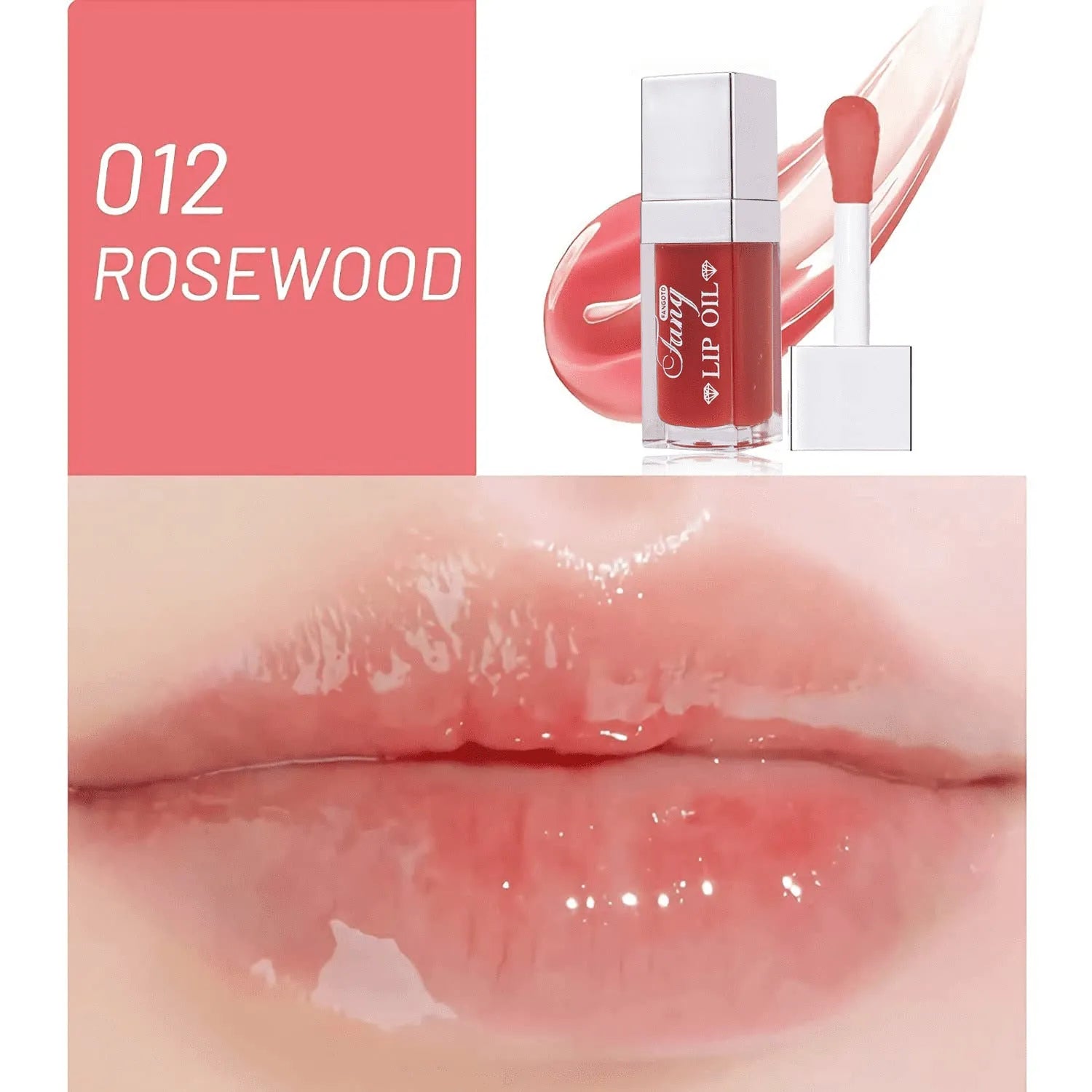 Set of five bright lip gloss tubes with lip essence oil applicators in shades Style001, 006, 007, 012, and 015.