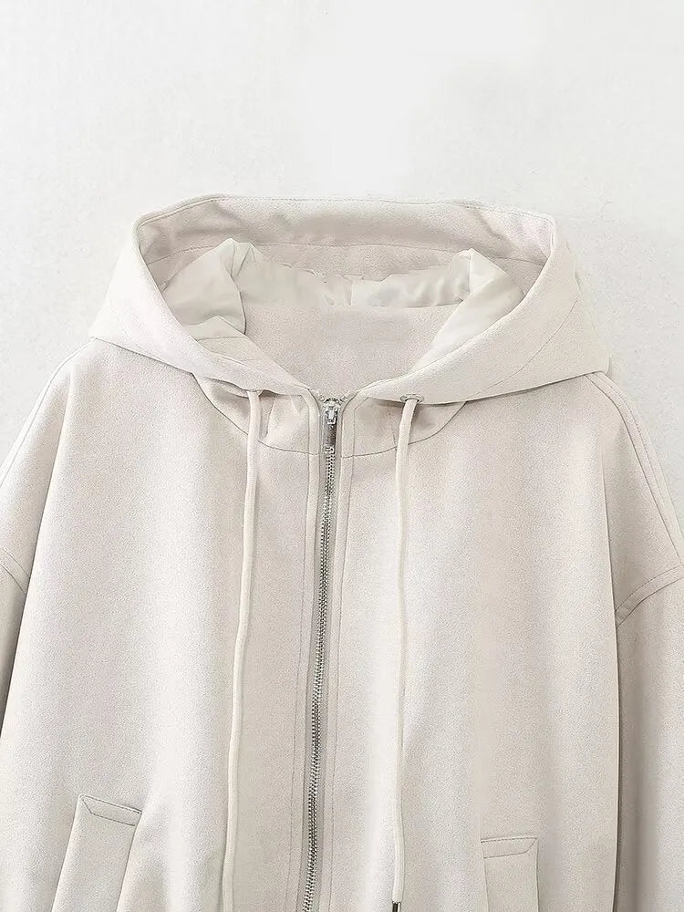 Women's casual hooded suede jacket in black colour on a hanger.