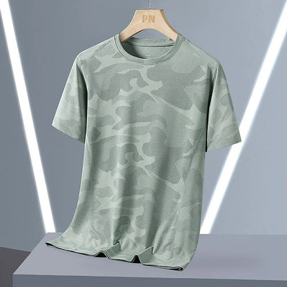 Men's camouflage pattern quick-dry summer top in nylon fabric with round neck and short sleeves