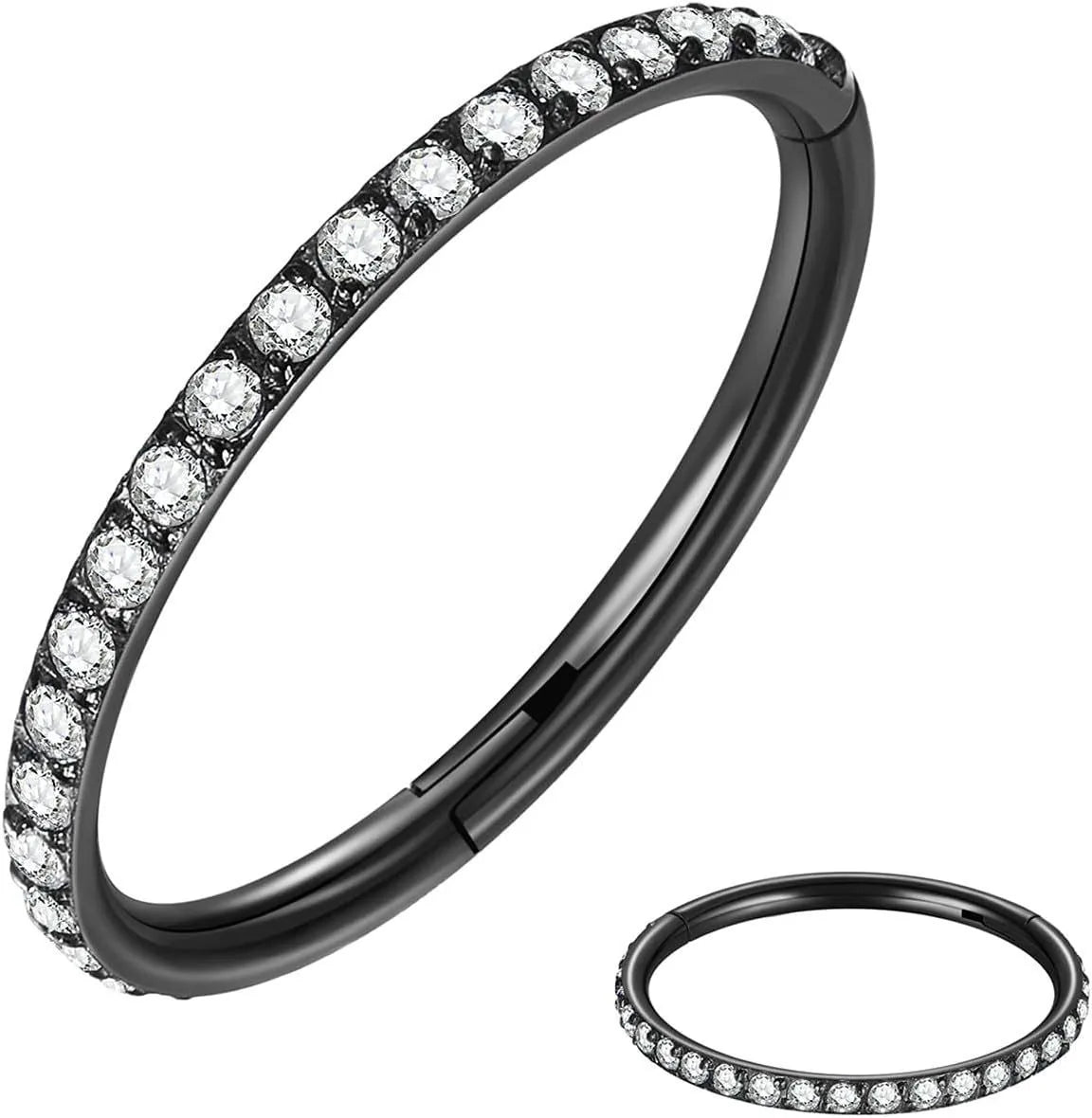 A seamless round hoop nose ring in stainless steel, shown alongside gold and rose gold colour options.