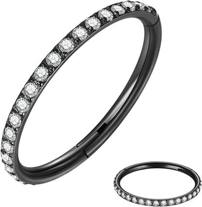 A seamless round hoop nose ring in stainless steel, shown alongside gold and rose gold colour options.