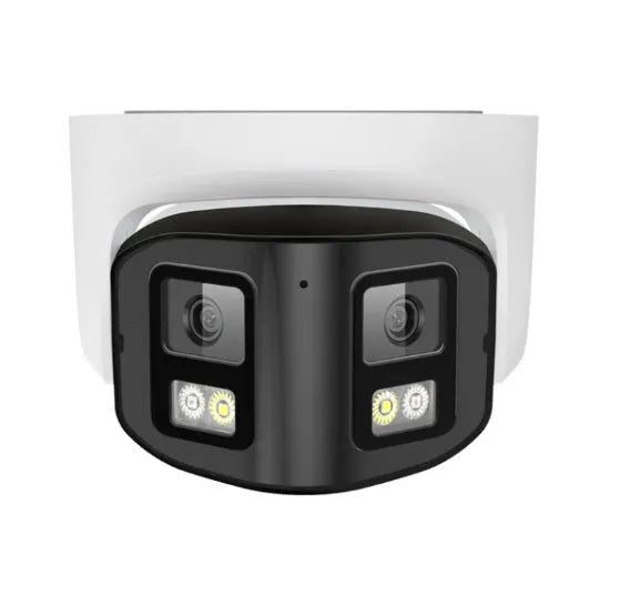 4MP dual-lens IP security camera panoramic CCTV webcam with IP66 waterproof rating for indoor outdoor use fixed focal length 124x72x201mm size POE powered 12V operation -35 to 60℃ temperature range