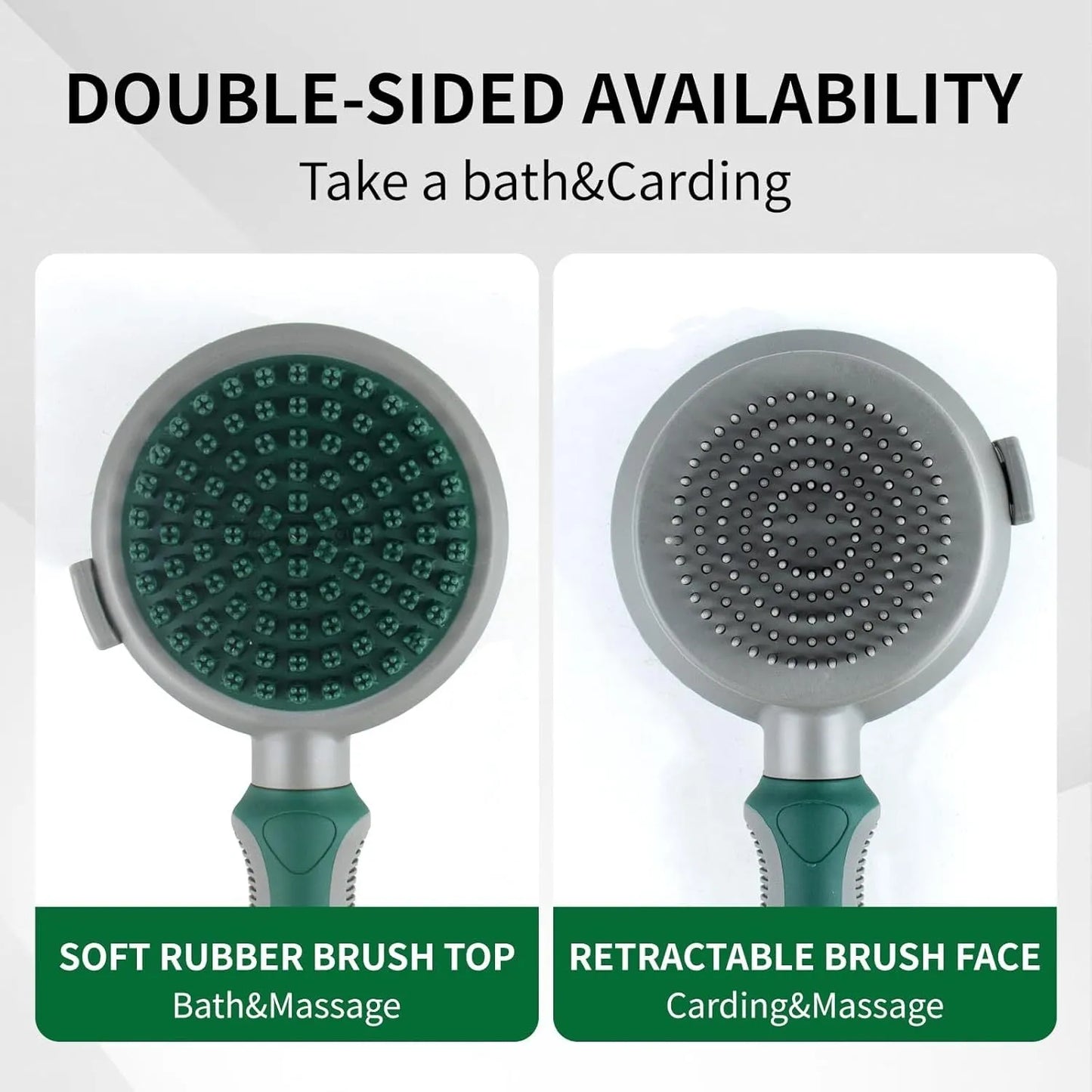 Green and pink dual-sided pet brush showing slicker pins and silicone massage nubs on a wooden table.