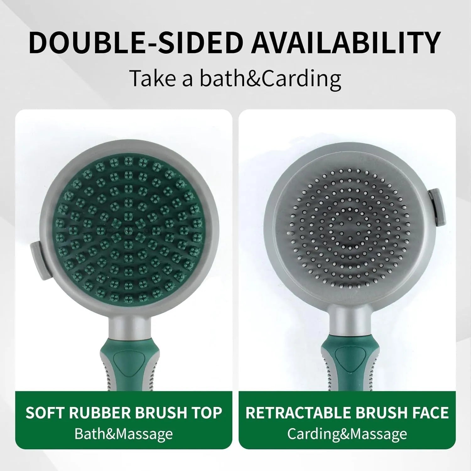 Green and pink dual-sided pet brush showing slicker pins and silicone massage nubs on a wooden table.