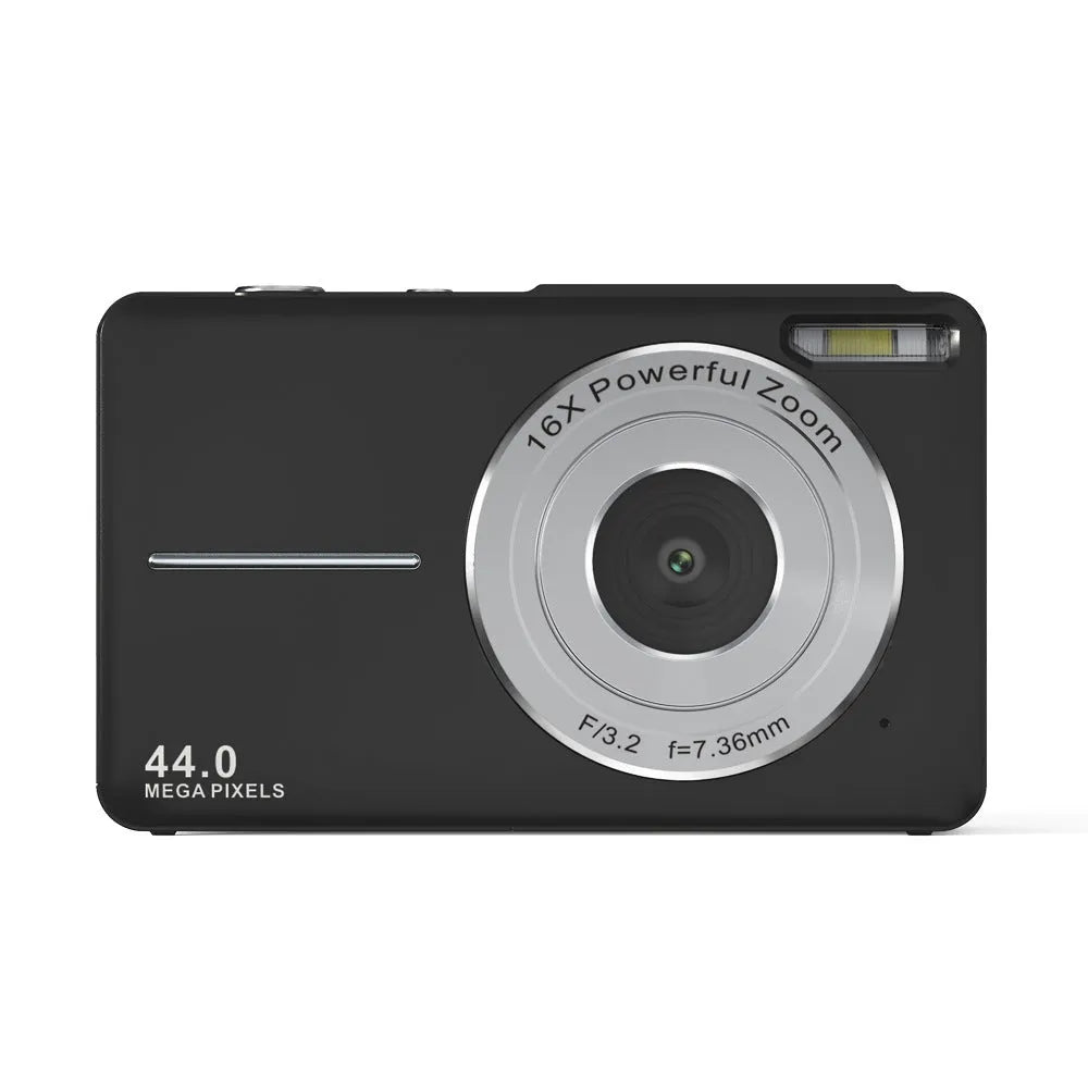 Colourful children's mini digital camera with large screen, showing black, pink and green options with lanyard.