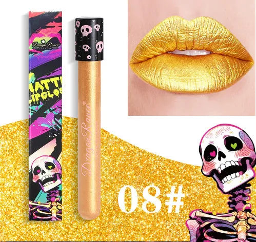 Halloween creative makeup lip gloss in test tube skull container with retro matte gold silver finish