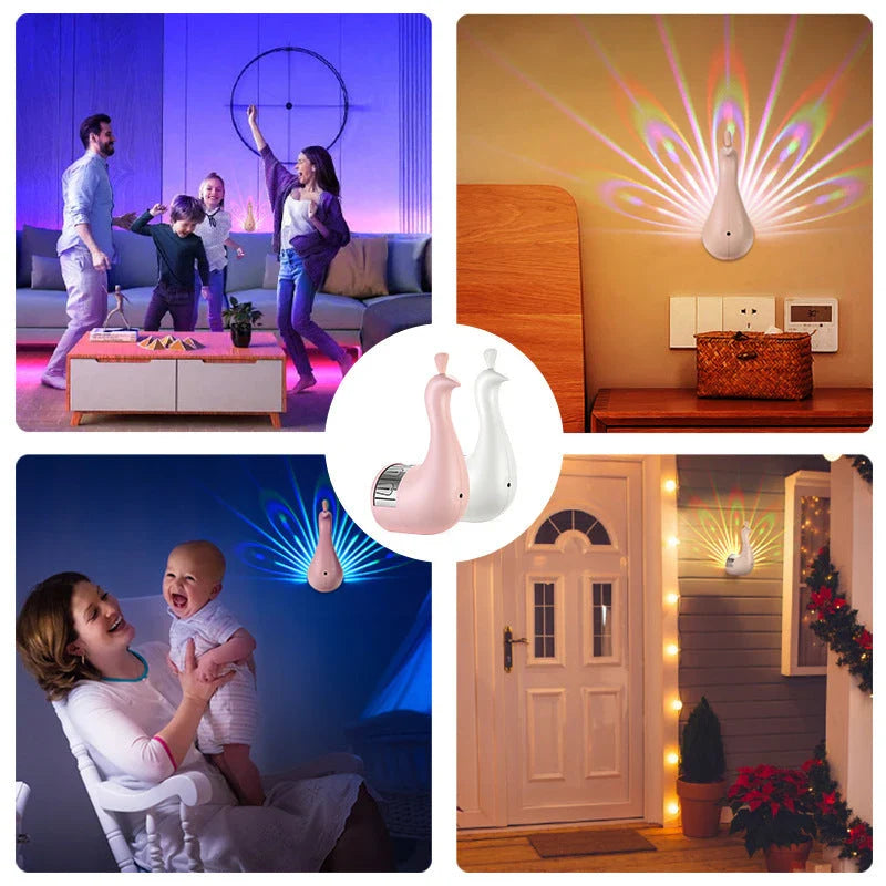Elegant Peacock Projection Lamp with vibrant 3D peacock feather projections, creating a warm and relaxing atmosphere