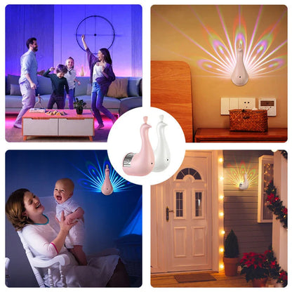 Elegant Peacock Projection Lamp with vibrant 3D peacock feather projections, creating a warm and relaxing atmosphere