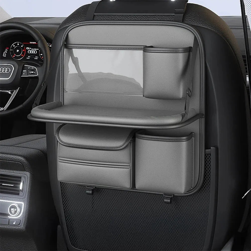 Leather car seat hanging storage bag with a fold-out dining table in black colour
