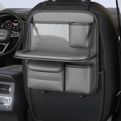 Leather car seat hanging storage bag with a fold-out dining table in black colour
