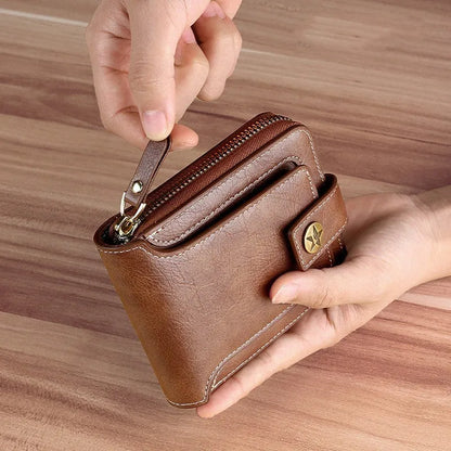 Men's short style bifold PU leather wallet in light brown, black, and dark brown colour options.
