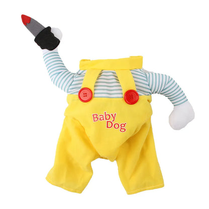 Yellow polyester cat costume with knife assassin design in sizes S to XL.