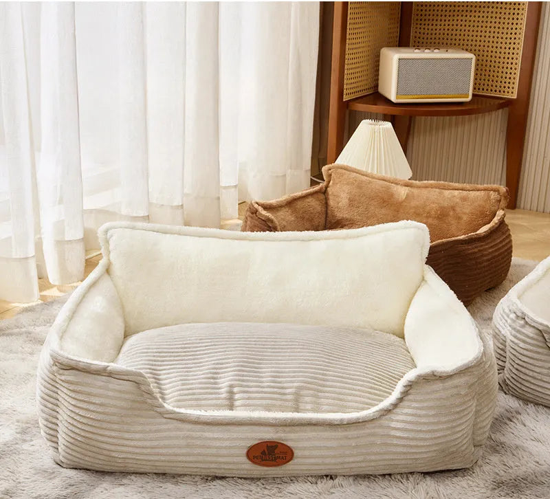 Coffee coloured removable washable pet kennel cushion bed for small medium dogs cats on a wooden floor