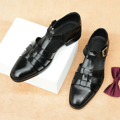 Men's black genuine leather retro business sandals with a rubber sole and pigskin lining.