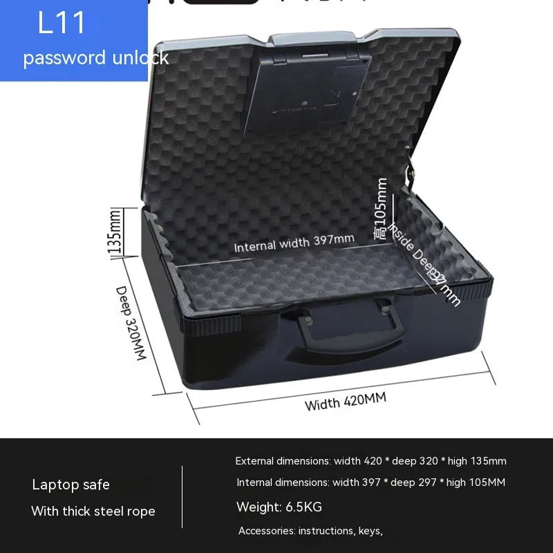 Black portable mechanical combination safe with key lock, made from cold-rolled steel.