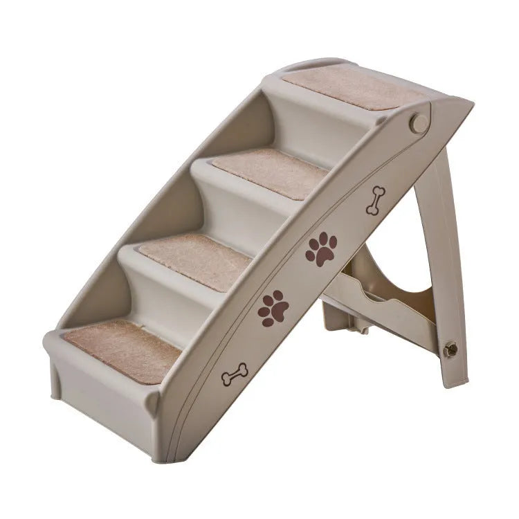 Foldable plastic pet stairs with three thickened steps and non-slip mats in a beige colour.