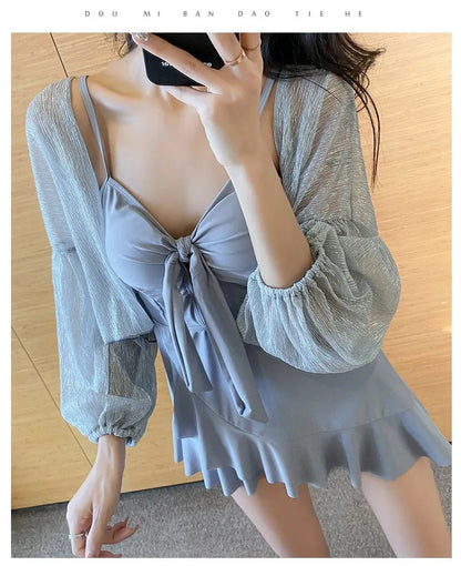 Women's long sleeve one-piece swimsuit set in solid grey with milk silk fabric and polyester lining, sizes S to 3XL