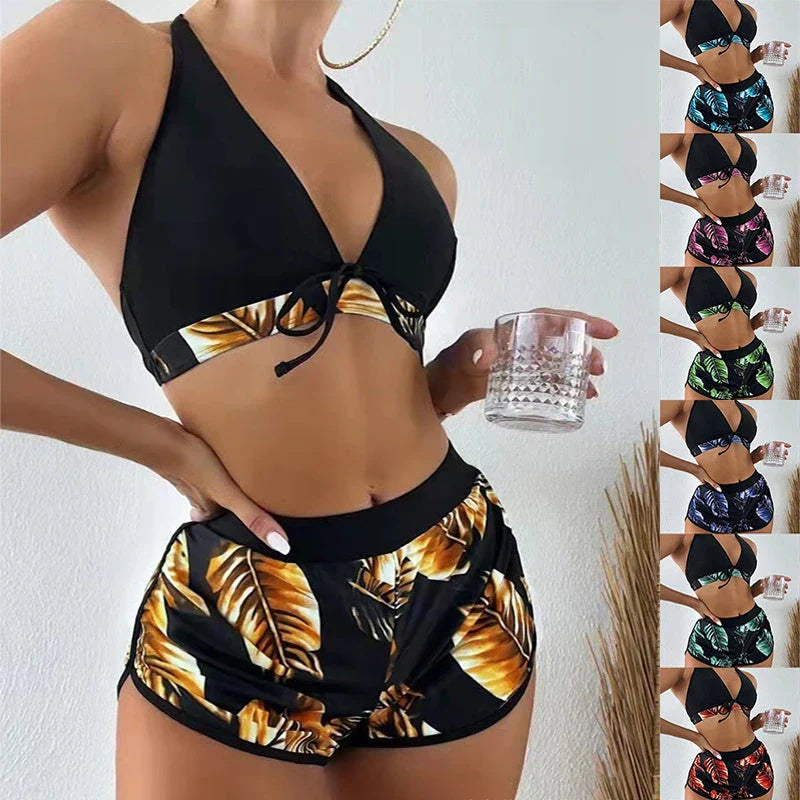 A stylish 3-piece leaf print bikini set with matching shorts, available in a variety of vibrant colors and patterns