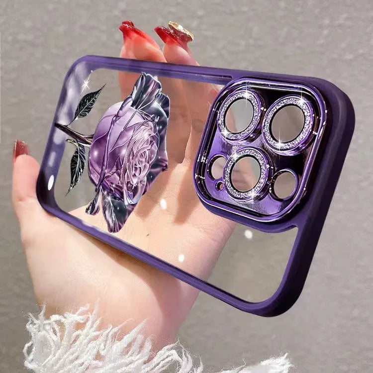 Full Package Rose Phone Case with Lens Film for Apple iPhone 11 12 13 14 Series – Slim TPU Back Cover with Coloured Painting in Dark Purple Fairy Pink Rose or Sparkling Pink Lens Film Options